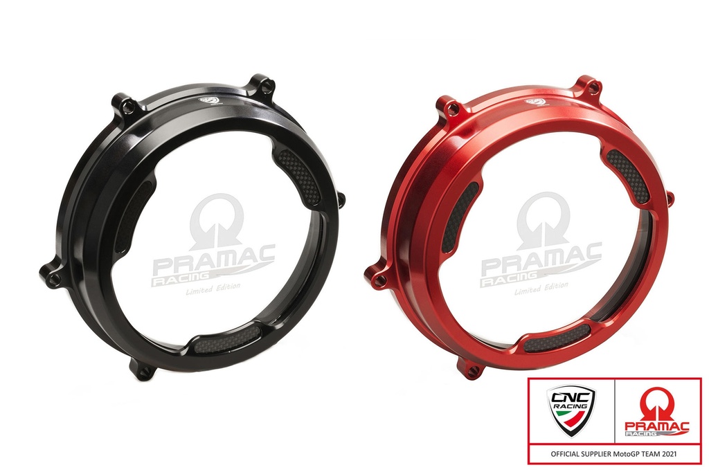 [CNC-CA201BPR] Clear oil bath clutch cover with carbon fiber inlay for Ducati Panigale 959/1199/1299 - Pramac Racing Limited Edition (Black)