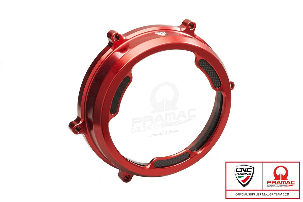 [CNC-CA201RPR] Clear oil bath clutch cover with carbon fiber inlay for Ducati Panigale 959/1199/1299 - Pramac Racing Limited Edition (Red)