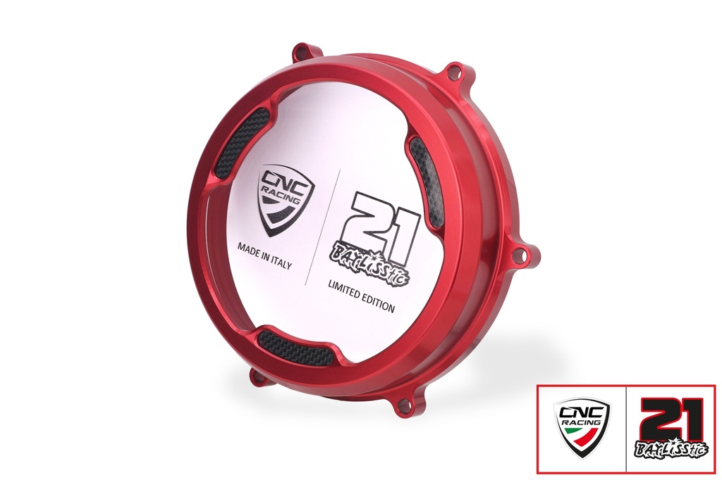 [CNC-CA201RTB] Clear oil bath clutch cover with carbon fiber inlay for Ducati Panigale - Troy Bayliss Limited Edition (Red)